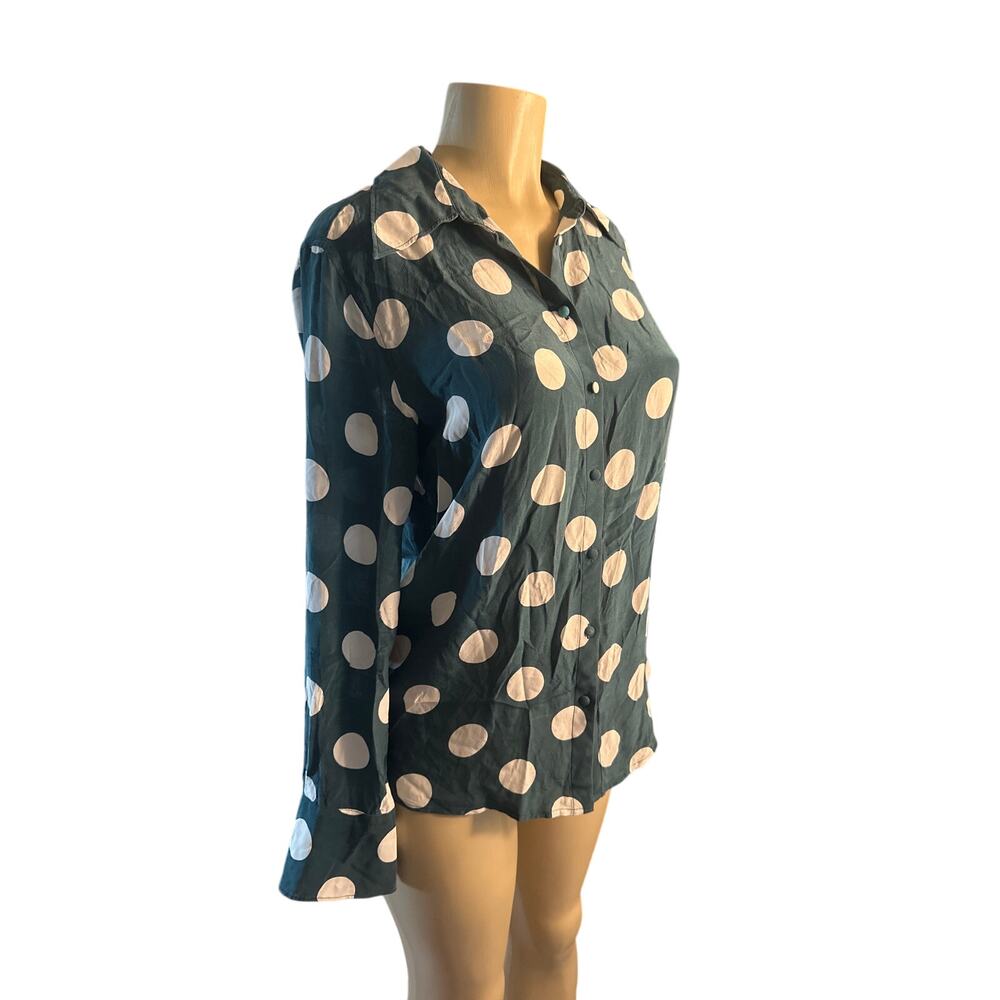 Women EUR-40 US-L Suistudio Green Polka Dot Button Blouse Shirt Top 100% Silk